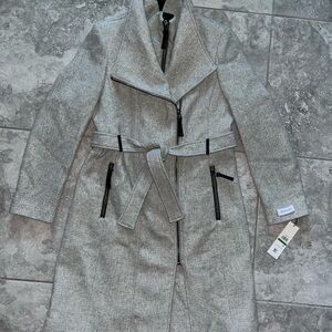 Calvin Klein Wool Blend Asymmetric Zip Wrap Pea Coat Belted Gray New L